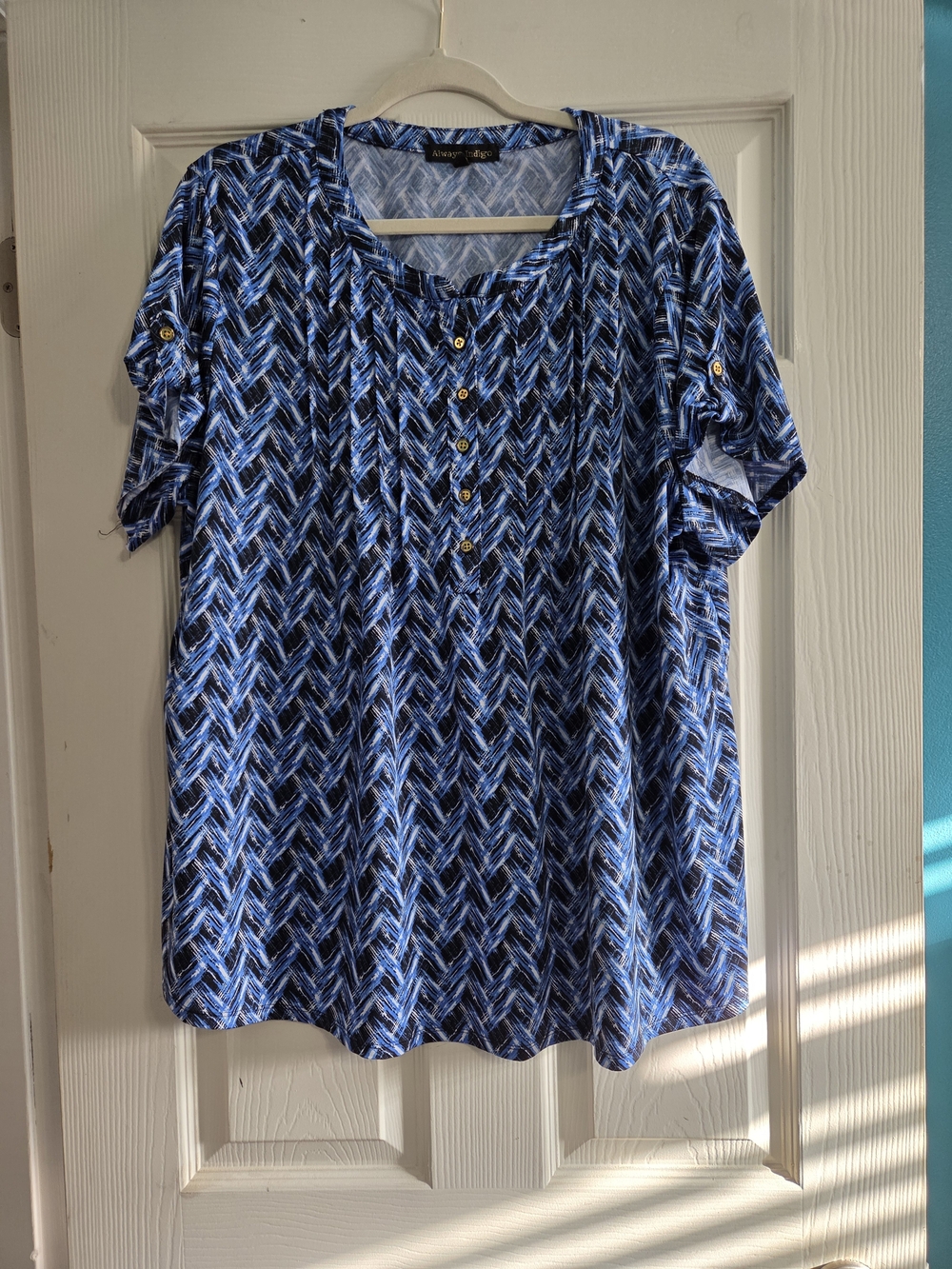 Always Indigo Blue Chevron Pintuck Roll-Tab Blouse